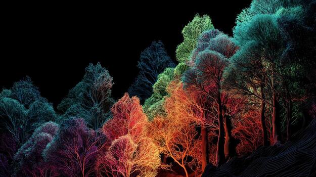 Vibrant Neon Forest Landscape with Illuminated Trees Against Dark Background for Abstract Nature Concept photo