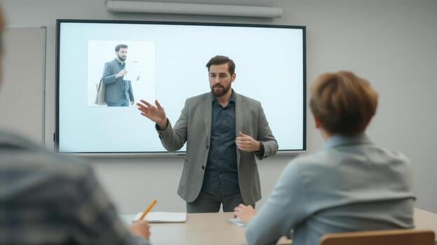 A man giving a presentation to a group of people photo