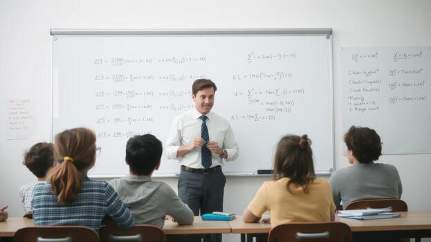 A man standing in front of a whiteboard with students sitting around him photo