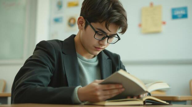 Focused student reading book in classroom setting, wearing glasses and blazer. atmosphere is studious and calm, highlighting importance of education photo