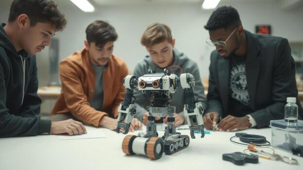 A group of young men working on a robot photo