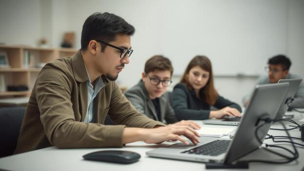 Focused student working on laptop in classroom setting, surrounded by peers engaged in learning. atmosphere is collaborative and educational photo
