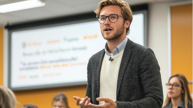 Engaging speaker presenting ideas in modern classroom setting photo