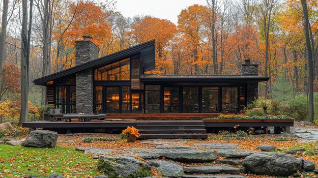 Modern house surrounded by autumn trees and stone pathway photo