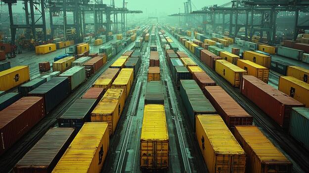 Aerial view of colorful shipping containers in busy port area photo