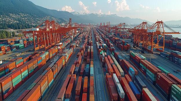 Aerial view of busy shipping port with colorful cargo containers stacked high photo