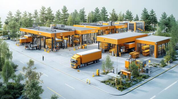 modern logistics hub with trucks and service stations surrounded by trees photo