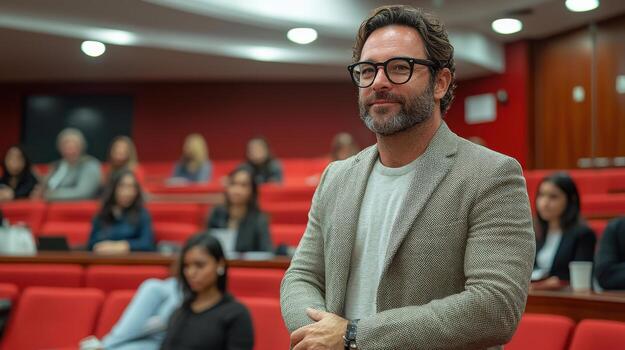 hombre en lentes en pie con confianza en conferencia salón con estudiantes foto