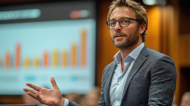 Businessman presenting data in meeting, engaging audience with insights photo
