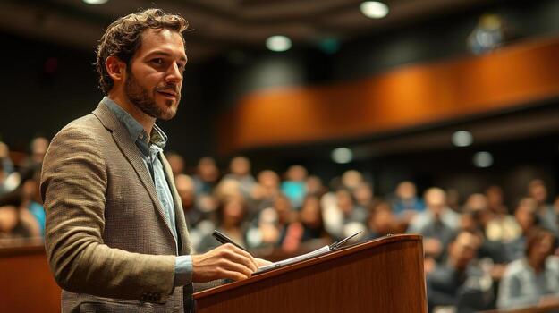 confident speaker presenting to engaged audience in lecture hall photo