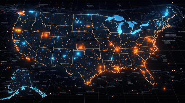 Digital map of United States with glowing data points and connections photo