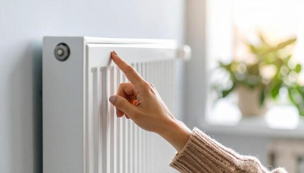 A person touching a radiator in front of a window photo