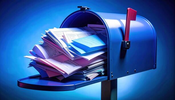 A mailbox filled with papers and a red pen photo