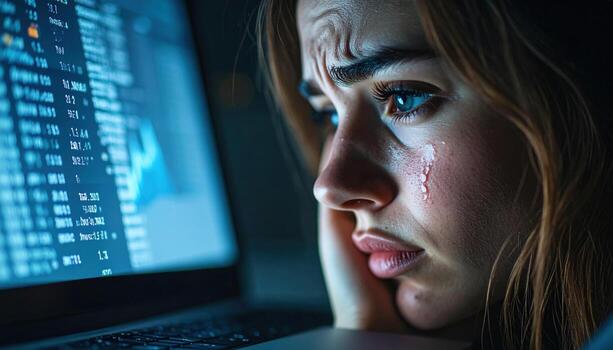 A woman looking at a computer screen with tears on her face photo