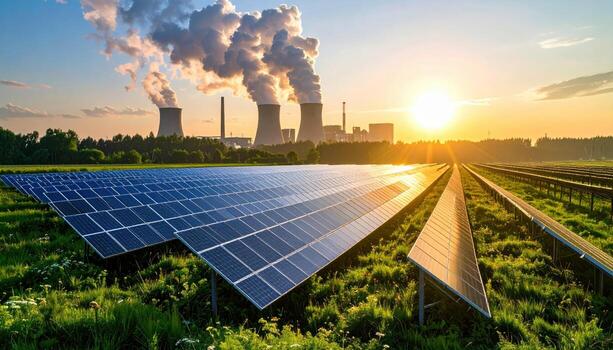 Solar panel array at sunrise generating renewable energy. power plant emits pollution in background, concept of technology transition and climate change for environment photo