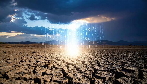 Mysterious glowing beam of digital binary code shines from cloudy sky onto cracked desert landscape. This futuristic concept represents data, information, and technology photo
