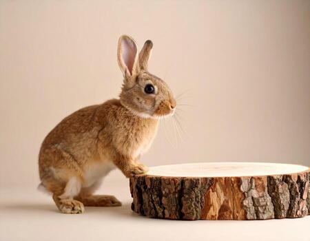 Cute brown rabbit feeling curious. Adorable pet animal, small bunny, standing on wood slice against plain background. Charming scene from nature in studio setting photo