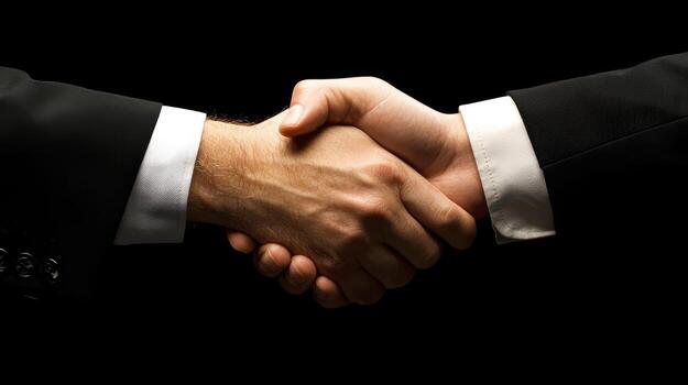 Two business men shaking hands over a black background photo