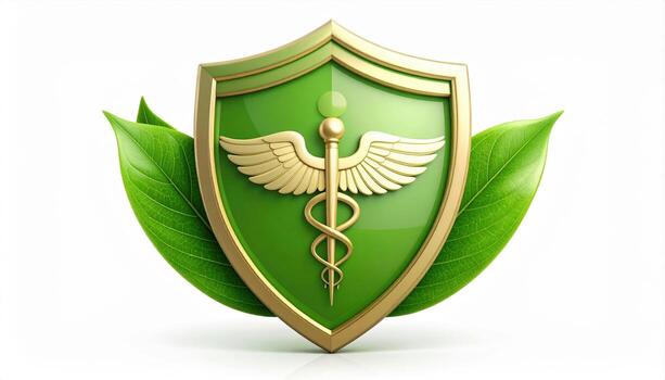 A green shield with a caduceus symbol on it photo