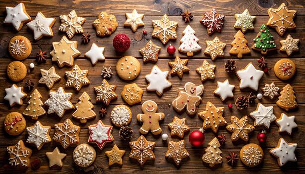 Assorted Christmas cookies spread across rustic wooden surface, creating joyful and delicious holiday pattern. Baked gingerbread figures, ornate stars, and festive tree shapes evoke warm memories photo