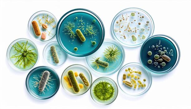 Microbial cultures displayed petri dishes showcase various microorganisms, including bacteria, fungi, and algae. vibrant colors and diverse shapes create intriguing visual representation photo