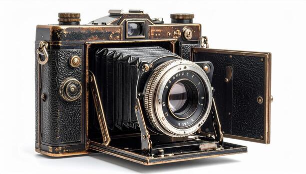 An old fashioned camera with a black frame and a white background photo