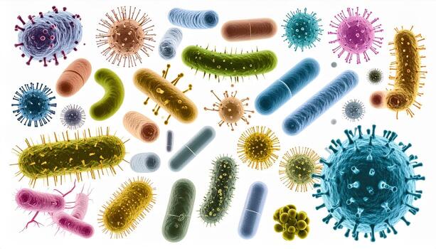 vistoso microscópico ver de varios bacterias y virus, exhibiendo su diverso formas y estructuras esta vibrante representación Destacar complejidad y belleza de microbiano vida foto