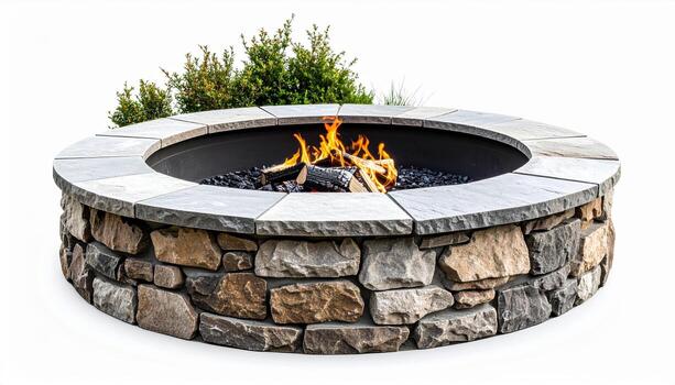 Circular stone fire pit features vibrant flame surrounded by logs and decorative gravel, creating warm and inviting atmosphere for outdoor gatherings photo