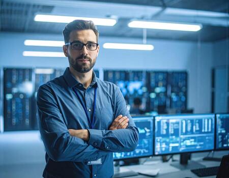 Confident male professional stands with arms crossed, overseeing complex digital systems modern data center. He manages critical network operations, serious, focused, ensuring high fidelity data photo