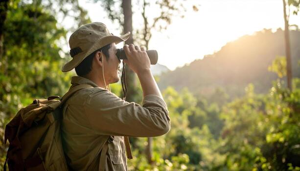Man explores dense forest, looking through binoculars with focused and adventurous expression. golden sunlight filters through trees, creating peaceful and inspiring outdoor scene photo
