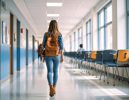 Female student walks down bright school hallway, wearing backpack and casual attire. atmosphere is focused and studious, with empty chairs lining walls photo
