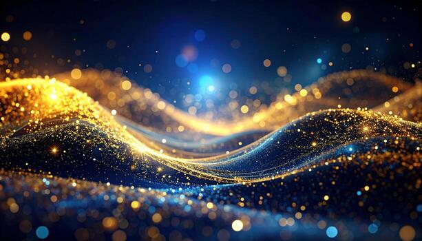Mesmerizing display of shimmering waves adorned with golden and blue particles, creating captivating cosmic atmosphere filled with light and depth photo