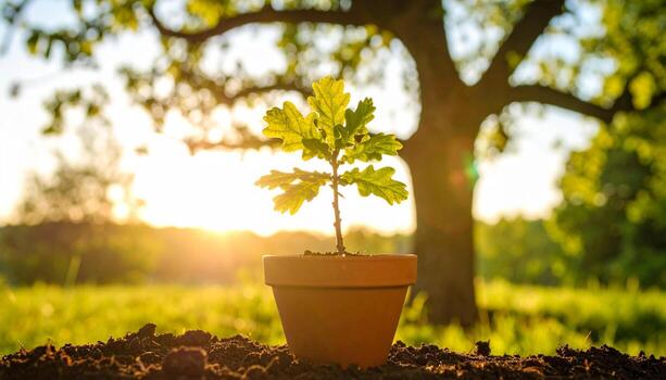 A small plant in a pot on the ground with the sun in the background photo