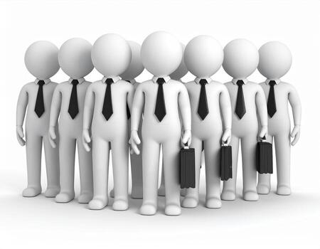 Business team figures standing together, showcasing unity and professionalism. Each figure is dressed in suit and tie, holding briefcases, symbolizing successful corporate environment photo