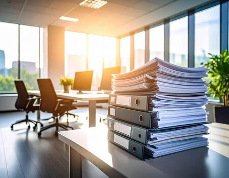 Stacks of paperwork modern office setting, illuminated by sunlight streaming through large windows. scene conveys sense of productivity and organization, with office chairs and computers photo