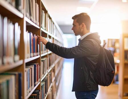 Student is searching for books in library, showcasing focused expression while browsing shelves. warm lighting creates inviting atmosphere for learning and exploration photo