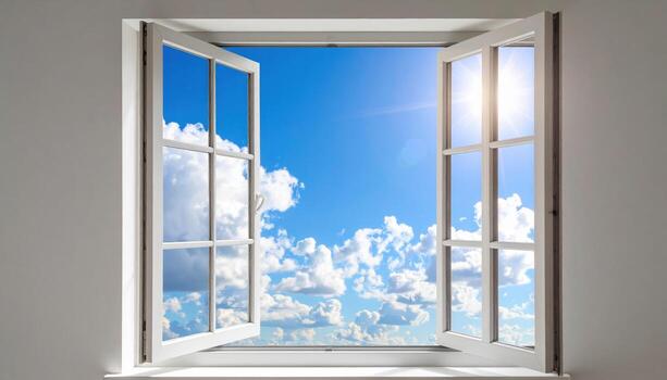 Bright sunlight streams through crystal clear window, illuminating vibrant sky painted with fluffy clouds, creating serene and uplifting atmosphere photo
