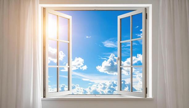 Bright sunlight streams through crystal clear window, illuminating serene sky painted with fluffy clouds. scene evokes sense of tranquility and warmth photo