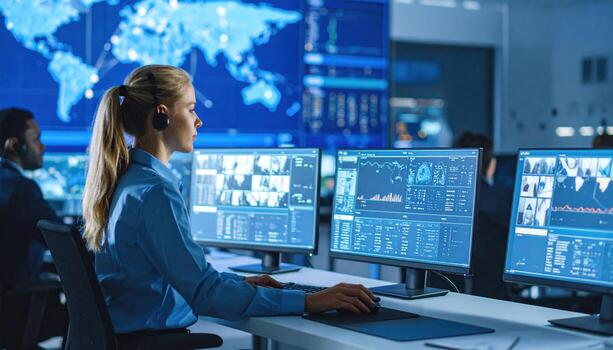 A woman sitting at a desk with multiple monitors photo