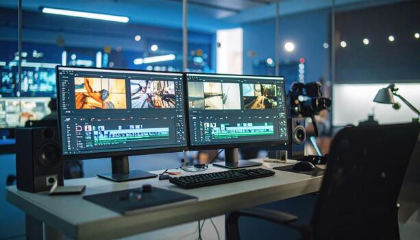 Modern editing workspace featuring two large monitors displaying vibrant multimedia content. setup includes speakers, keyboard, and camera, creating inspiring environment for creativity photo