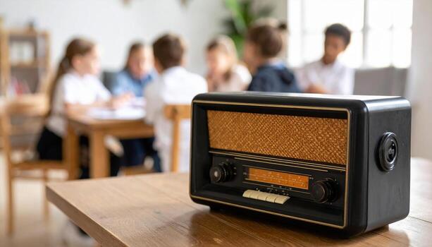 Clásico negro radio con ámbar cara irradia nostálgico encanto, metido en de madera mesa en brillante habitación. niños son comprometido en grupo actividad en fondo, creando calentar atmósfera foto