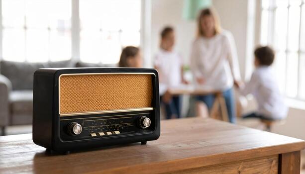 un radio sentado en un mesa en frente de un familia foto