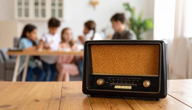 A radio sits on a table in front of a family photo