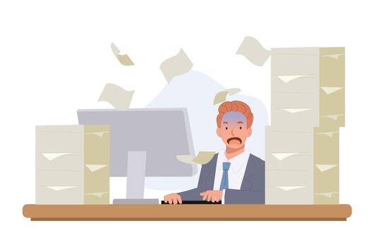 Busy businessman working on computer with pile of papers. overload work concept. Flat illustration. vector