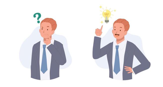 problema resolviendo habilidad a pensar de solución, creatividad a resolver, confuso empresario pensando luego tiene idea. ilustración vector