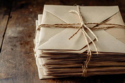 Stack of craft paper envelopes bound with twine sits on rustic wooden surface photo