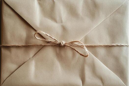 Kraft paper package is tied closed with string forming a neat bow on its top photo