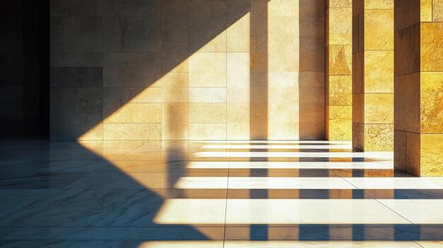Sunlight streams through structural columns casting shadows on tile floors and textured stone walls photo