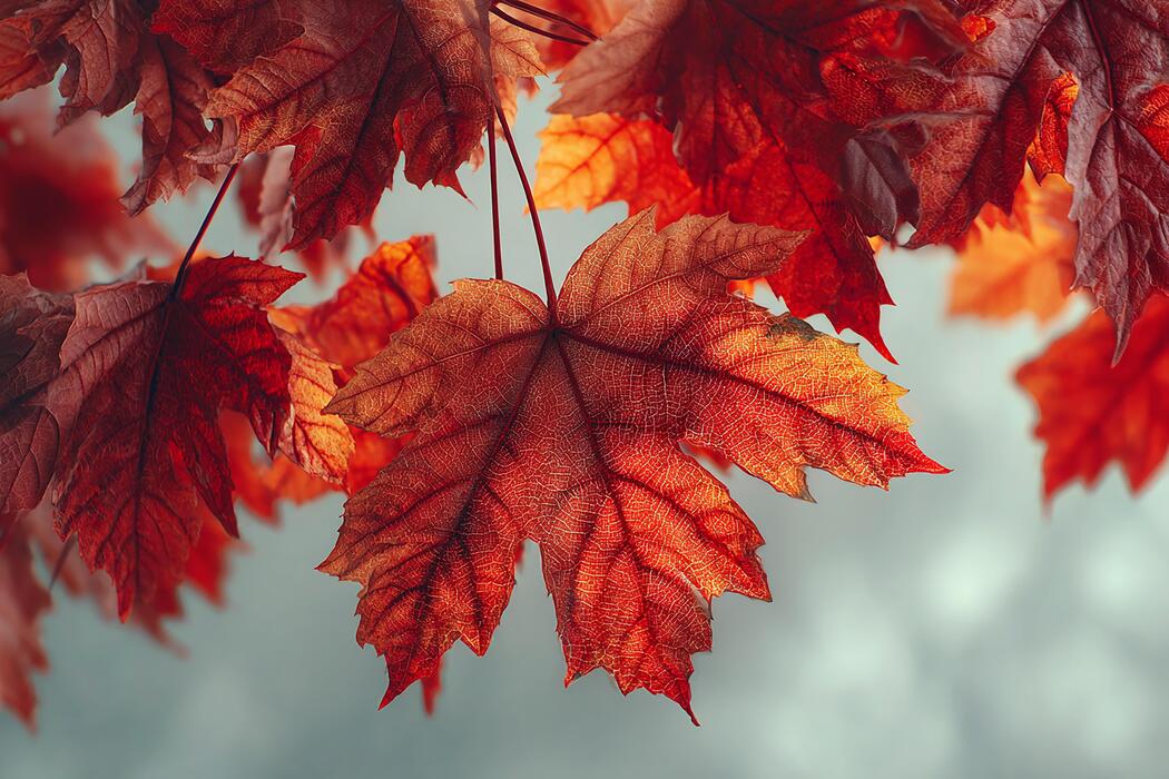 Close up of realistic maple tree leaves with vibrant autumn