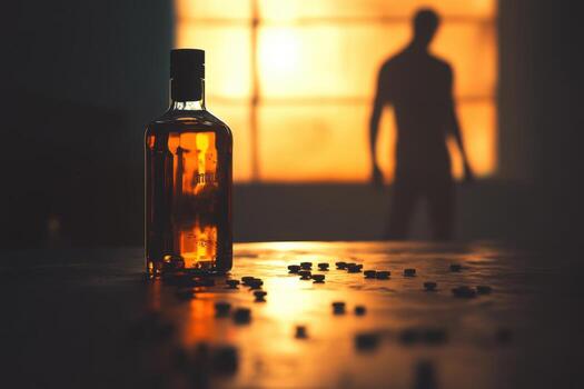 A bottle of whiskey sitting on a table with a silhouette of a man in the background photo